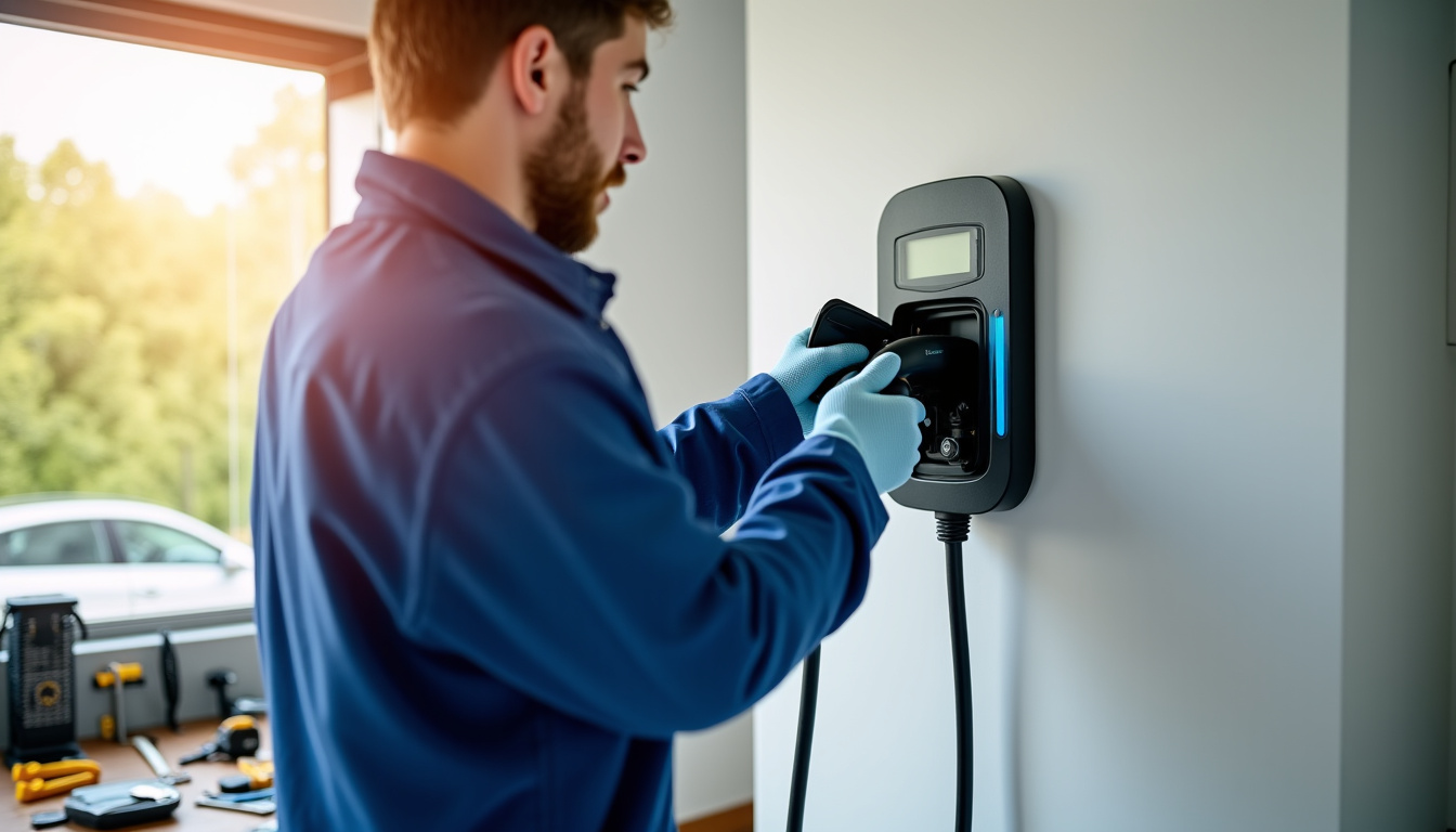 Électricien en train d'installer une borne de recharge dans un garage à Vervins