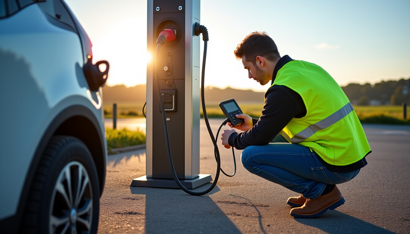 Technicien effectuant la maintenance d'une borne de recharge pour véhicule électrique