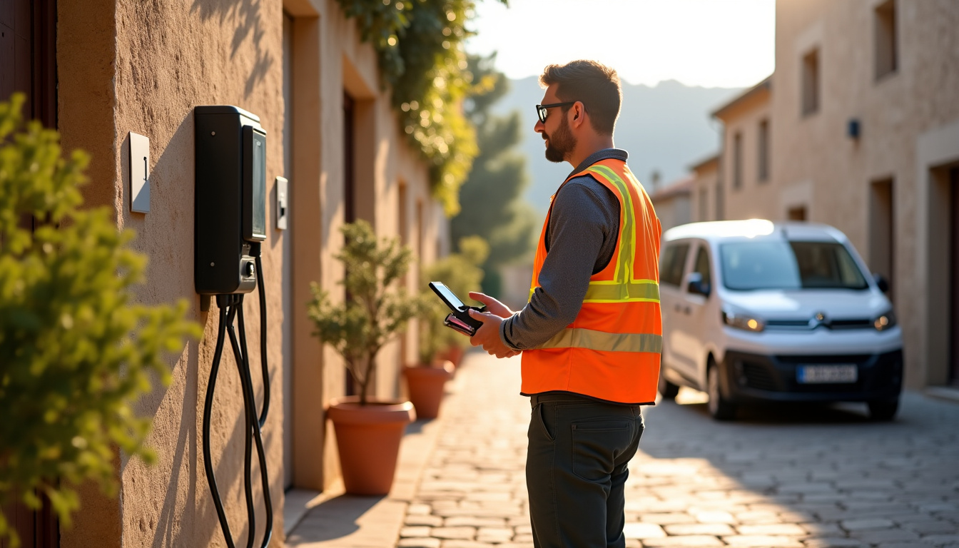 Technicien certifié IRVE en train de tester une borne de recharge récemment installée à Gordes