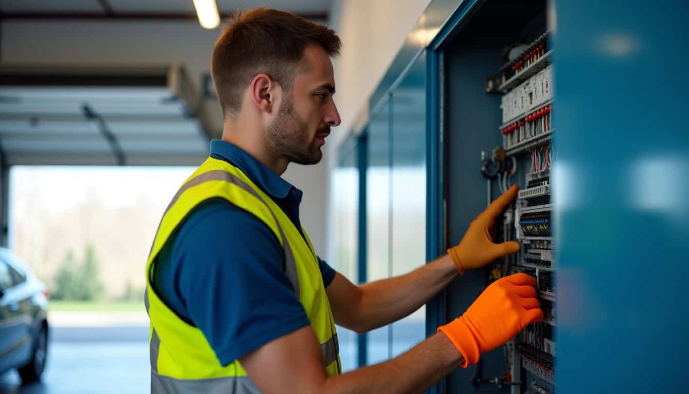 Technicien certifié IRVE vérifiant le tableau électrique avant installation d