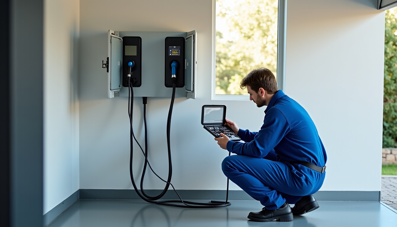 Technicien effectuant une maintenance sur une borne de recharge à Carrières-sur-Seine