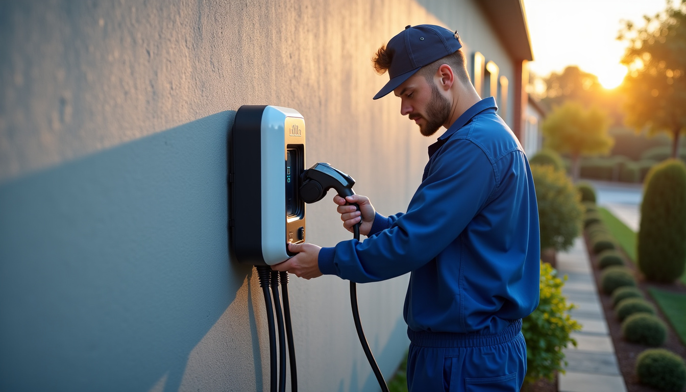Technicien en tenue de travail installant une borne de recharge électrique à côté d