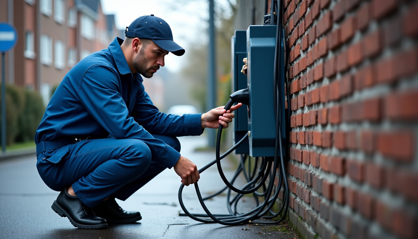 Technicien en tenue de travail vérifiant les connexions d