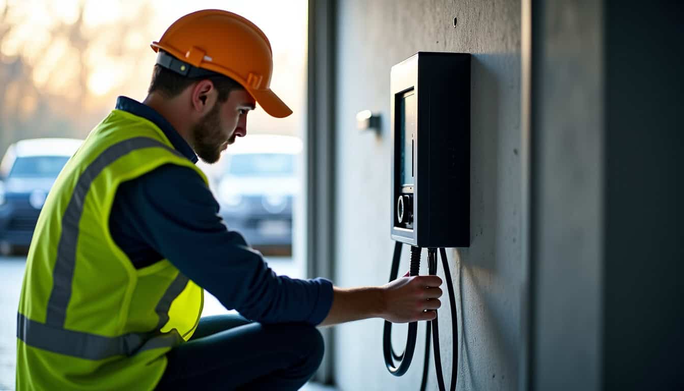 Technicien en train de procéder à la mise en service de la borne de recharge à Lorgies