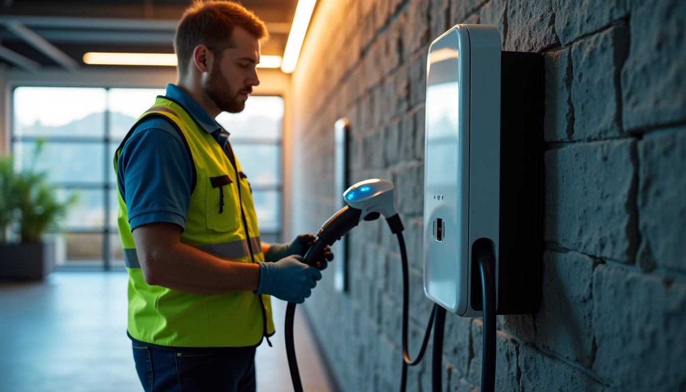 Technicien en train de raccorder une borne de recharge électrique à un tableau électrique dans un garage