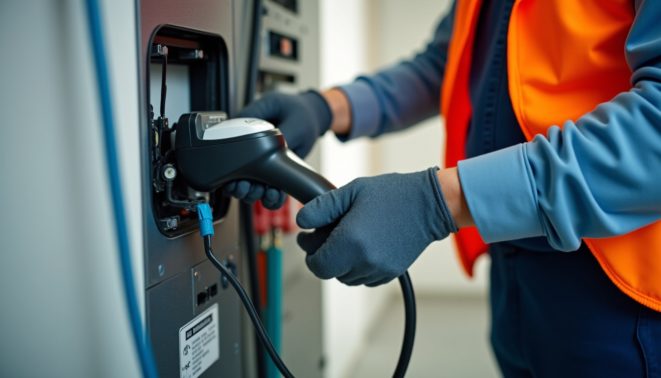Technicien en train de raccorder une borne de recharge électrique au tableau électrique dans un garage à Loretz-d