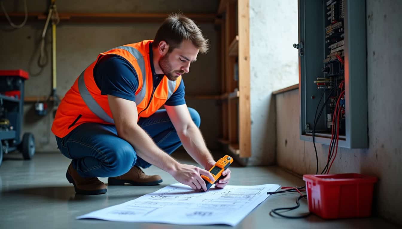 Technicien en train de réaliser une étude de faisabilité électrique pour une borne de recharge à Brains
