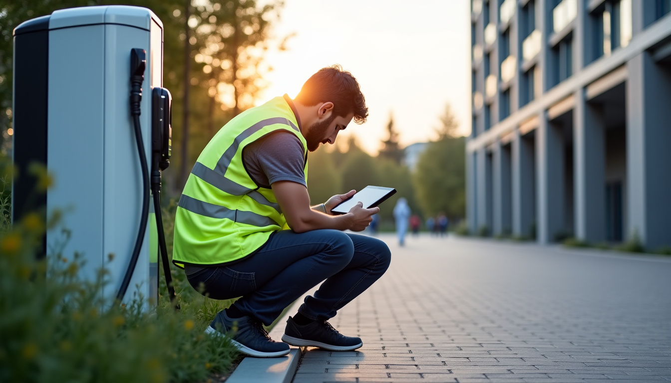 Technicien en train de tester une borne de recharge électrique nouvellement installée à L