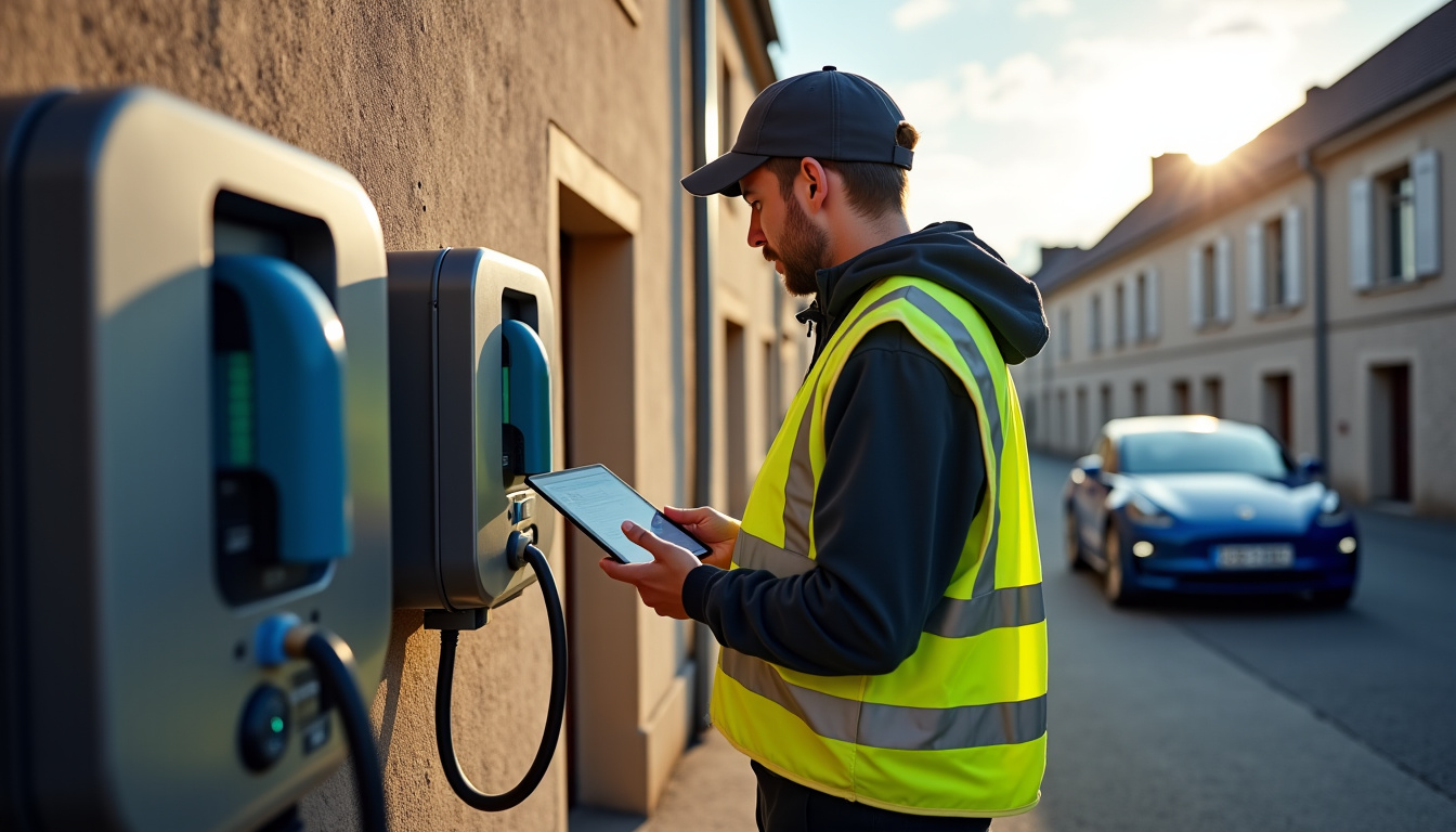 Technicien en train de tester une borne de recharge installée à Saint-Julien-des-Landes