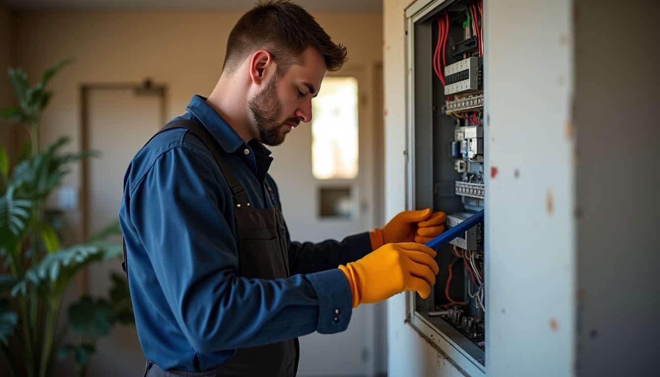Technicien en train de vérifier le tableau électrique avant installation d