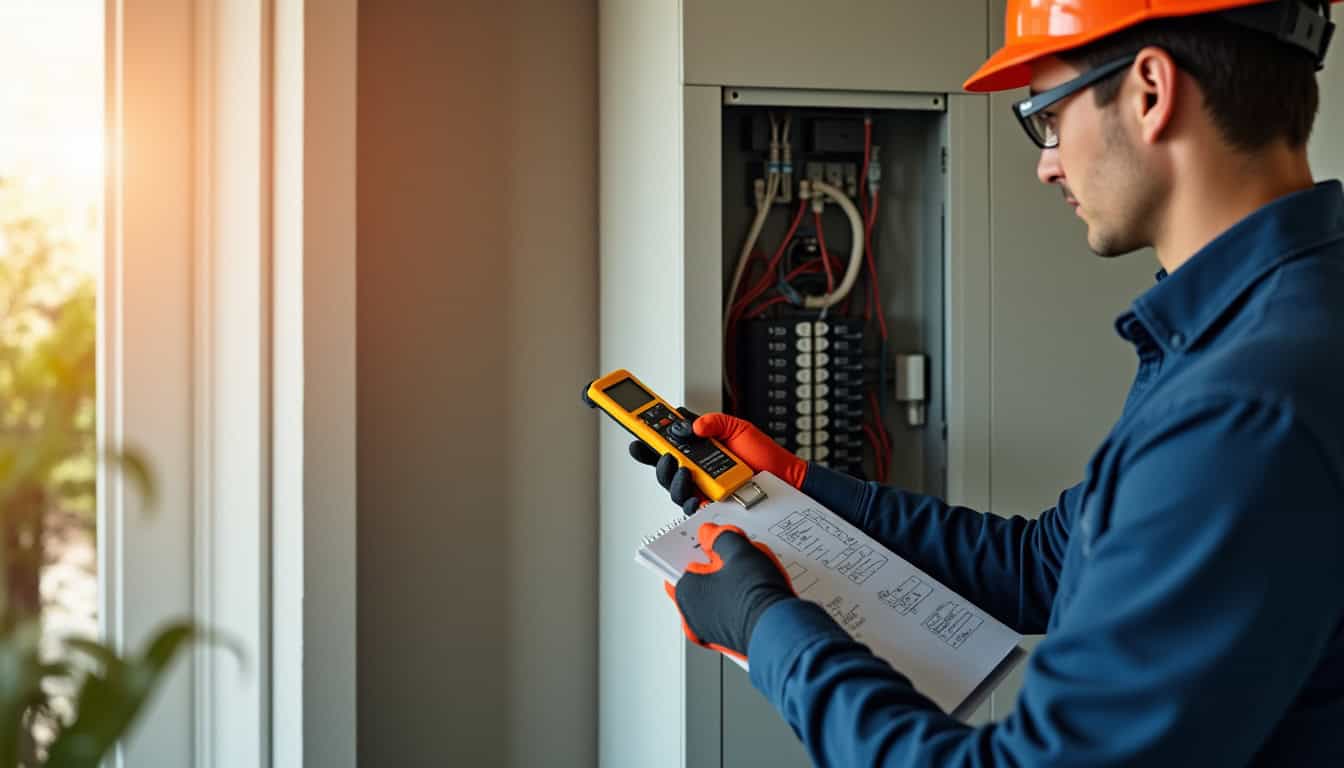 Technicien en train de vérifier le tableau électrique avant installation d