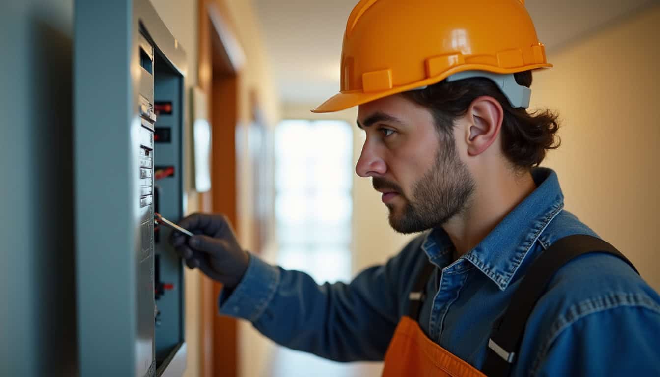 Technicien en train de vérifier un tableau électrique avant installation d