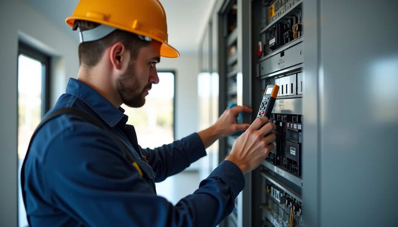 Technicien en train de vérifier un tableau électrique lors d
