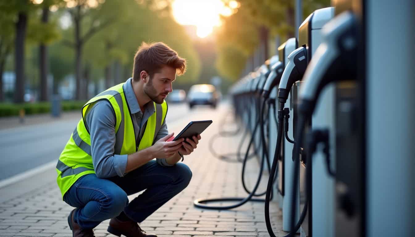 Technicien en train de vérifier une borne de recharge à Athis-Mons