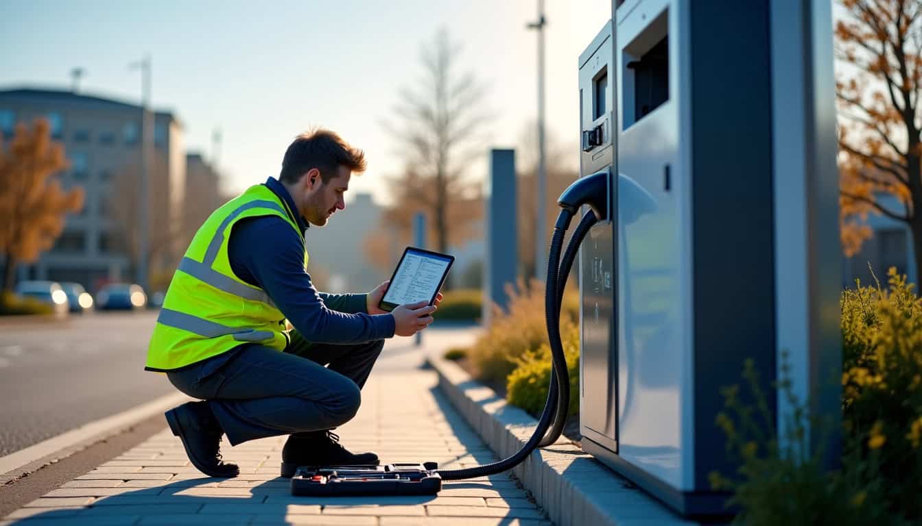 Technicien en train de vérifier une borne de recharge à Ségny lors d’un entretien
