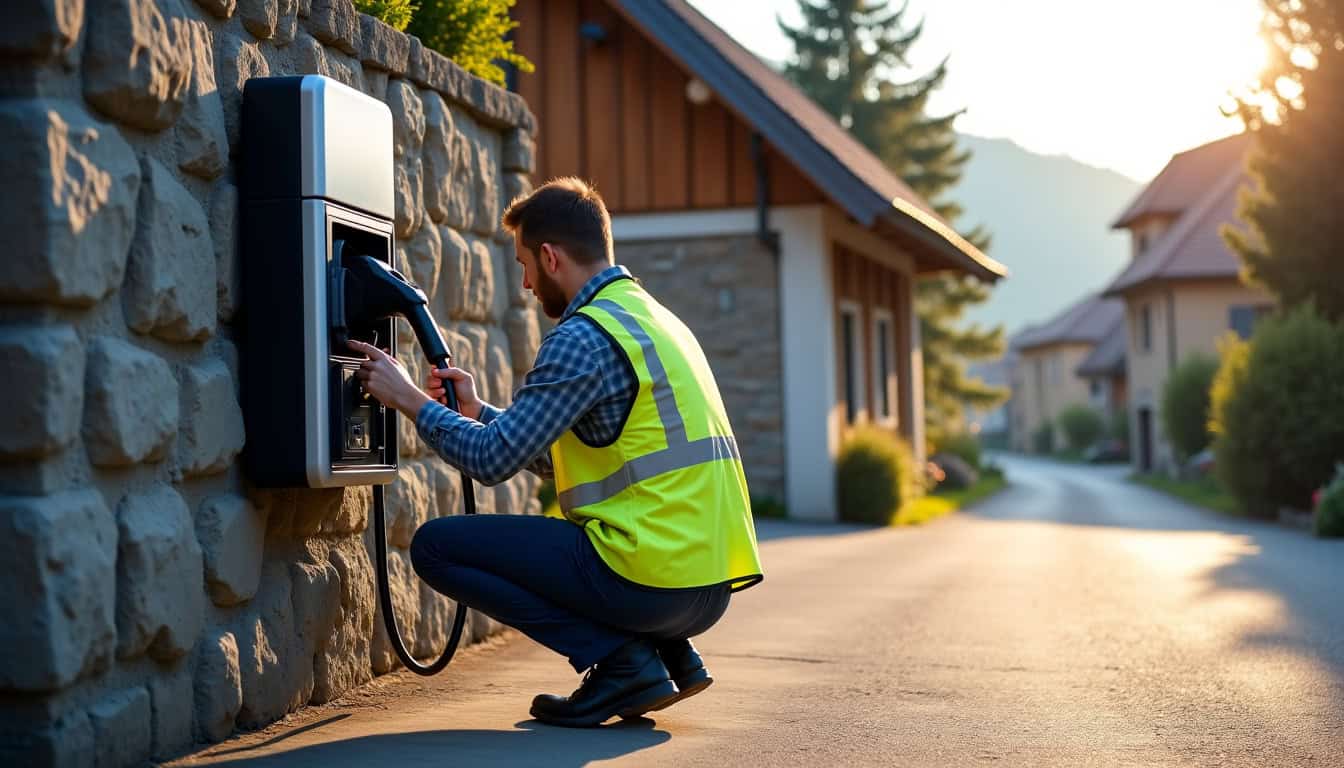 Technicien en train de vérifier une borne de recharge électrique à Orbey