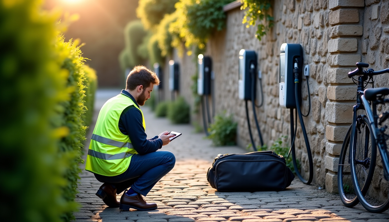 Technicien en train de vérifier une borne de recharge électrique à Sainte-Marie-Kerque