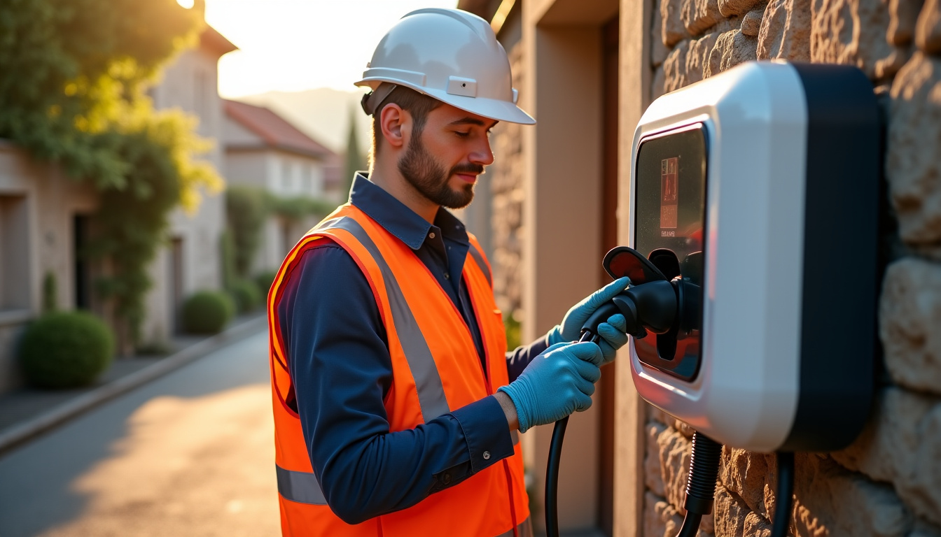 Technicien en train de vérifier une borne de recharge électrique à Villedieu-sur-Indre