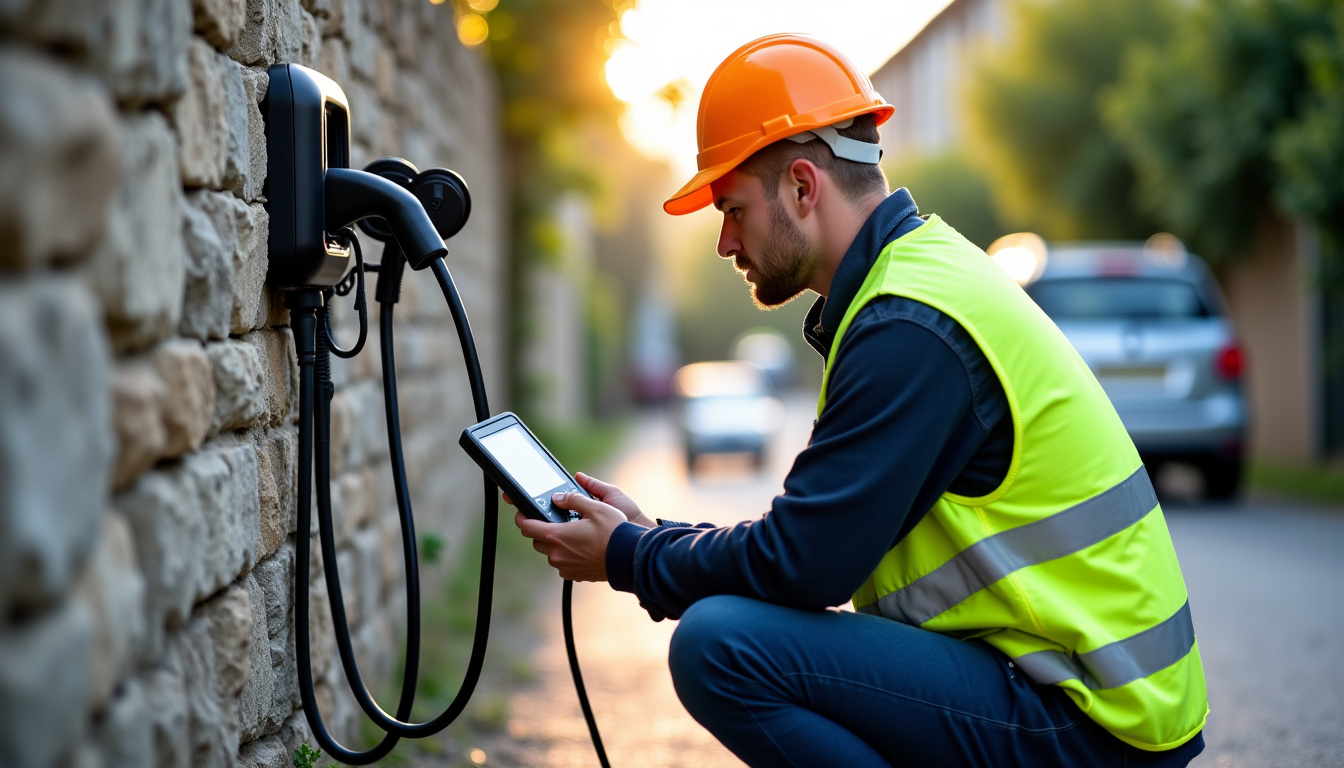 Technicien en train de vérifier une borne de recharge électrique en extérieur à Sourcieux-les-Mines