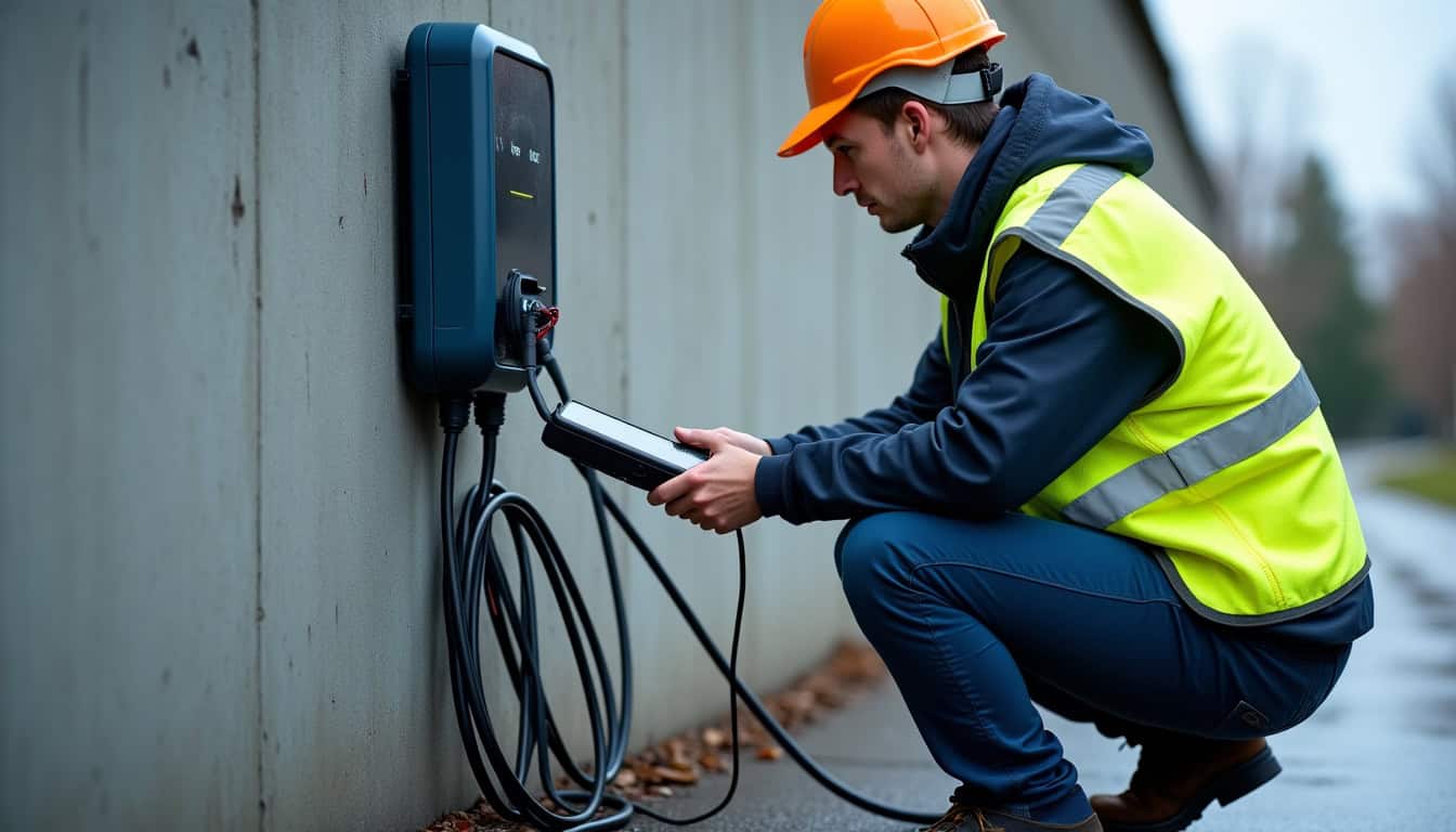 Technicien en train de vérifier une borne de recharge électrique en extérieur