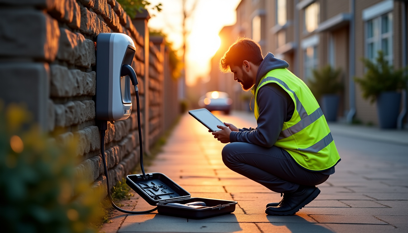 Technicien en train de vérifier une borne de recharge électrique lors d