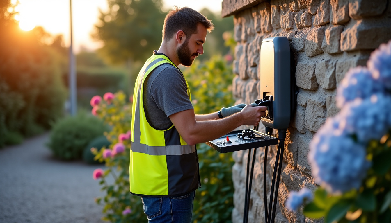 Technicien en train de vérifier une installation de borne électrique à Domagné