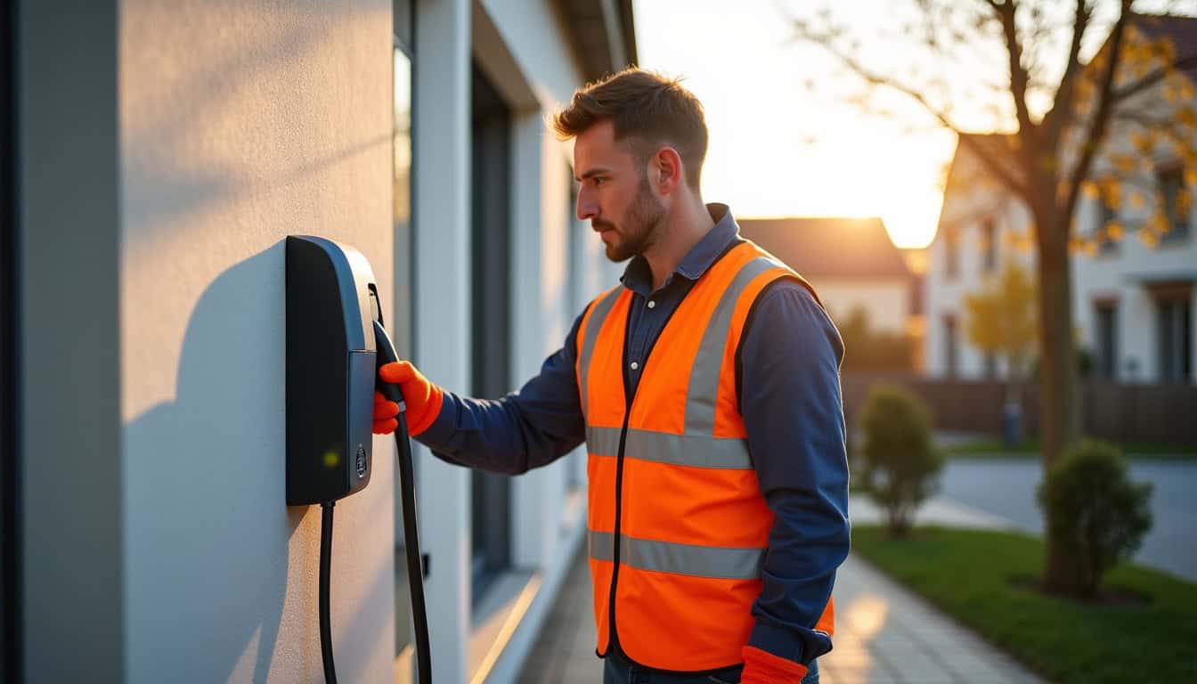 Technicien en train d’installer une borne de recharge à Ségny