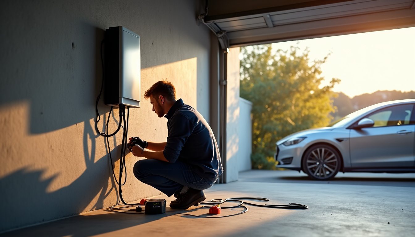 Technicien en train d’installer une borne de recharge dans un garage à Bressuire