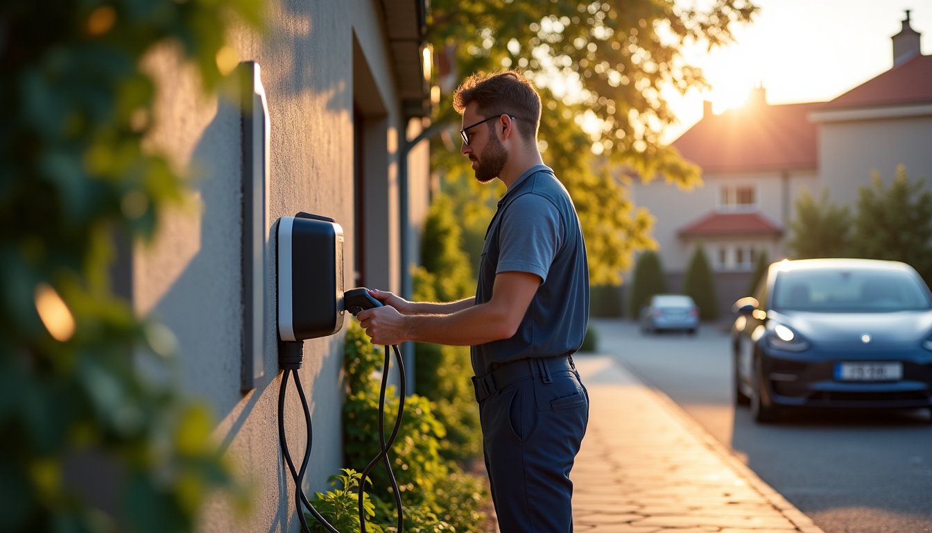 Technicien en train d’installer une borne de recharge électrique à Cépet