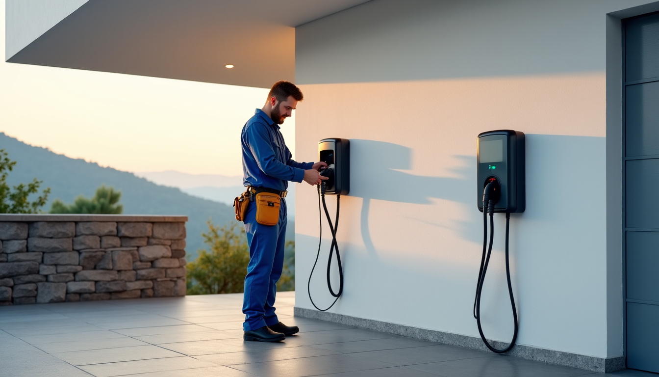 Technicien en train d’installer une borne de recharge électrique à Lure