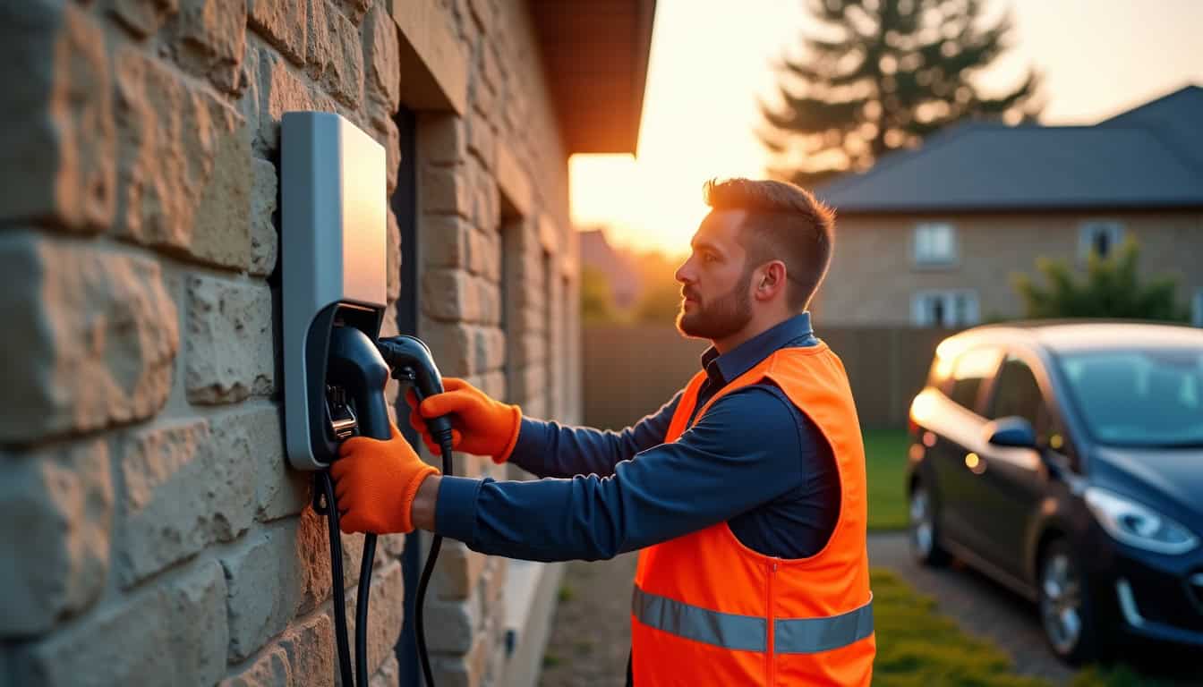 Technicien en train d’installer une borne de recharge électrique à Pontivy