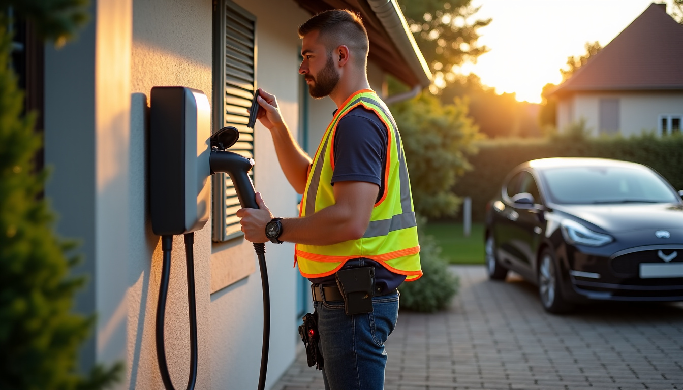 Technicien en train d’installer une borne de recharge électrique à Savigny-en-Véron