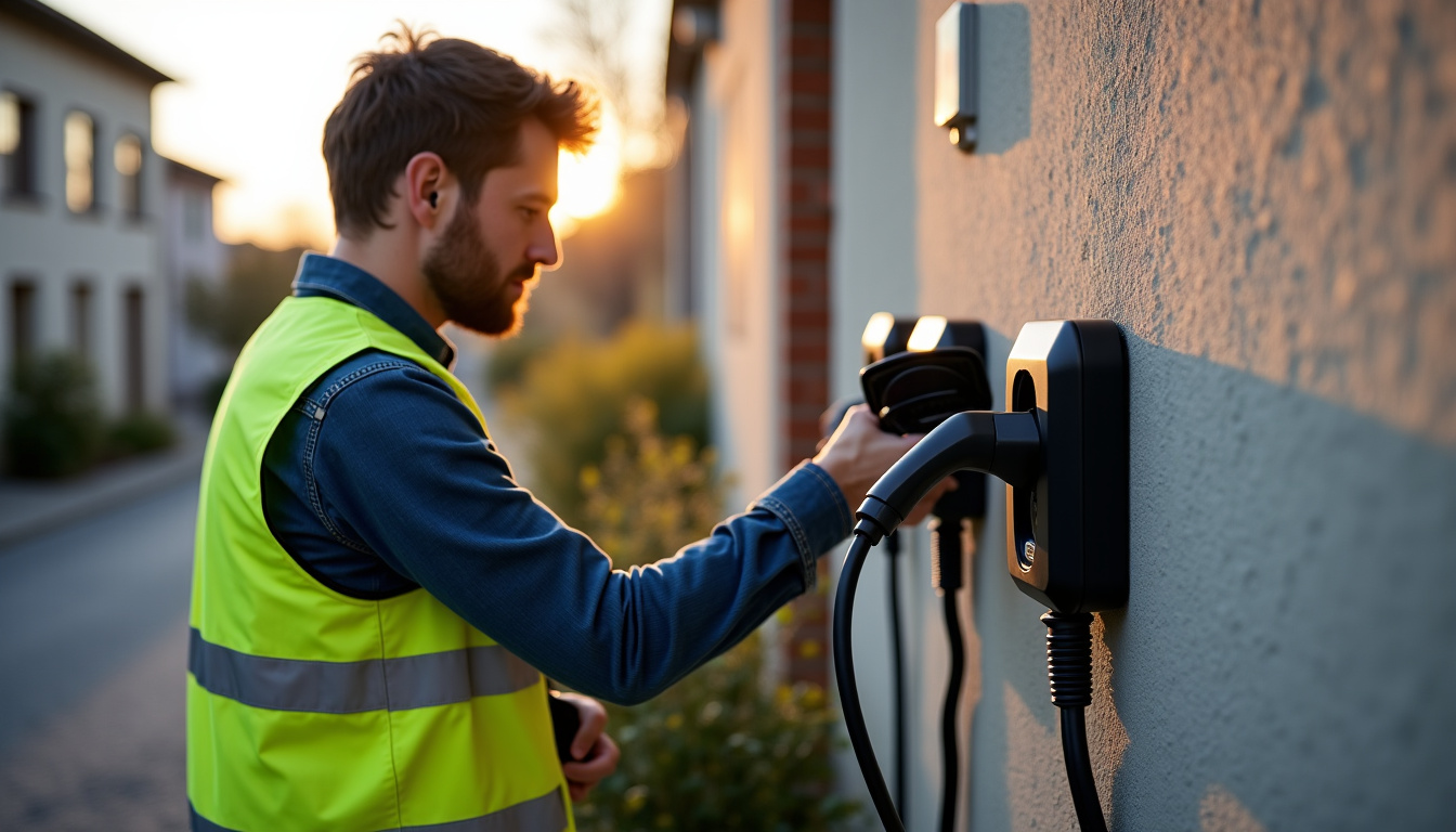 Technicien en train d’installer une borne de recharge électrique à Vaulx-en-Velin