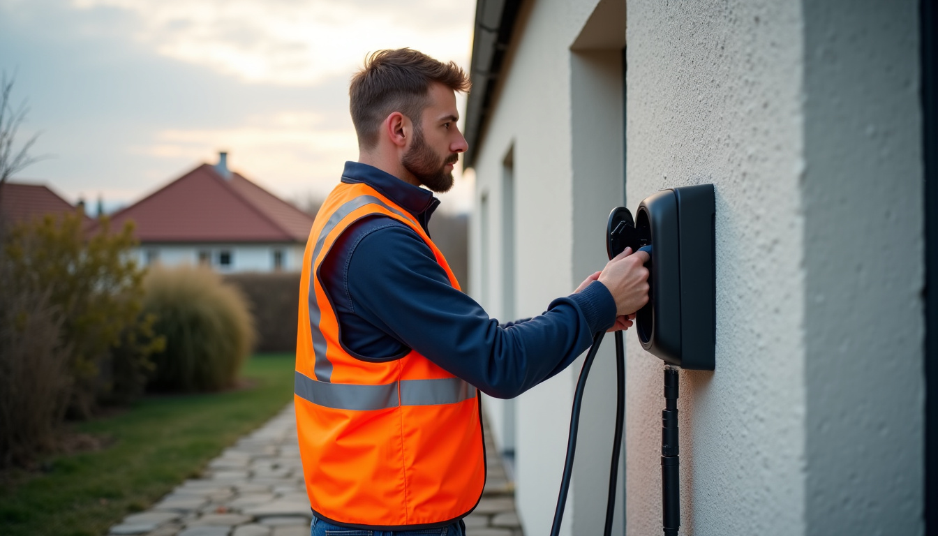 Technicien en train d’installer une borne de recharge électrique devant une maison à Lapeyrouse-Mornay