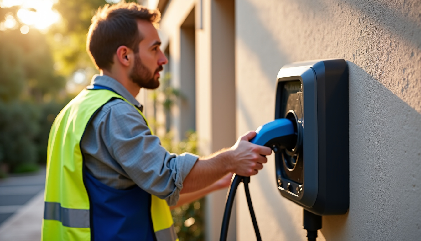 Technicien en train d’installer une borne de recharge électrique sur un mur extérieur à Orange