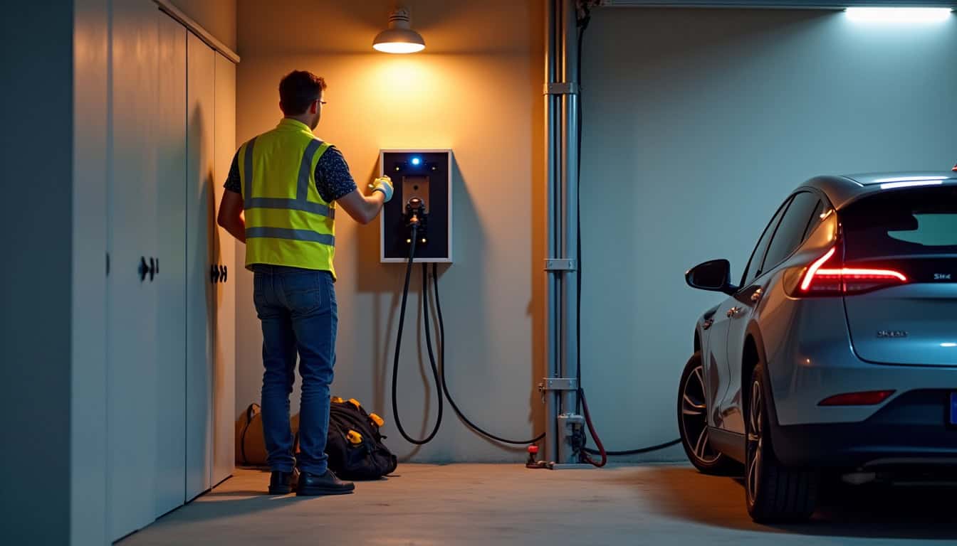 Technicien en train d’installer une borne de recharge murale dans un garage