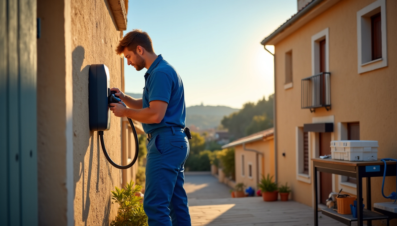 Technicien en train d’installer une borne de recharge pour voiture électrique à Riez