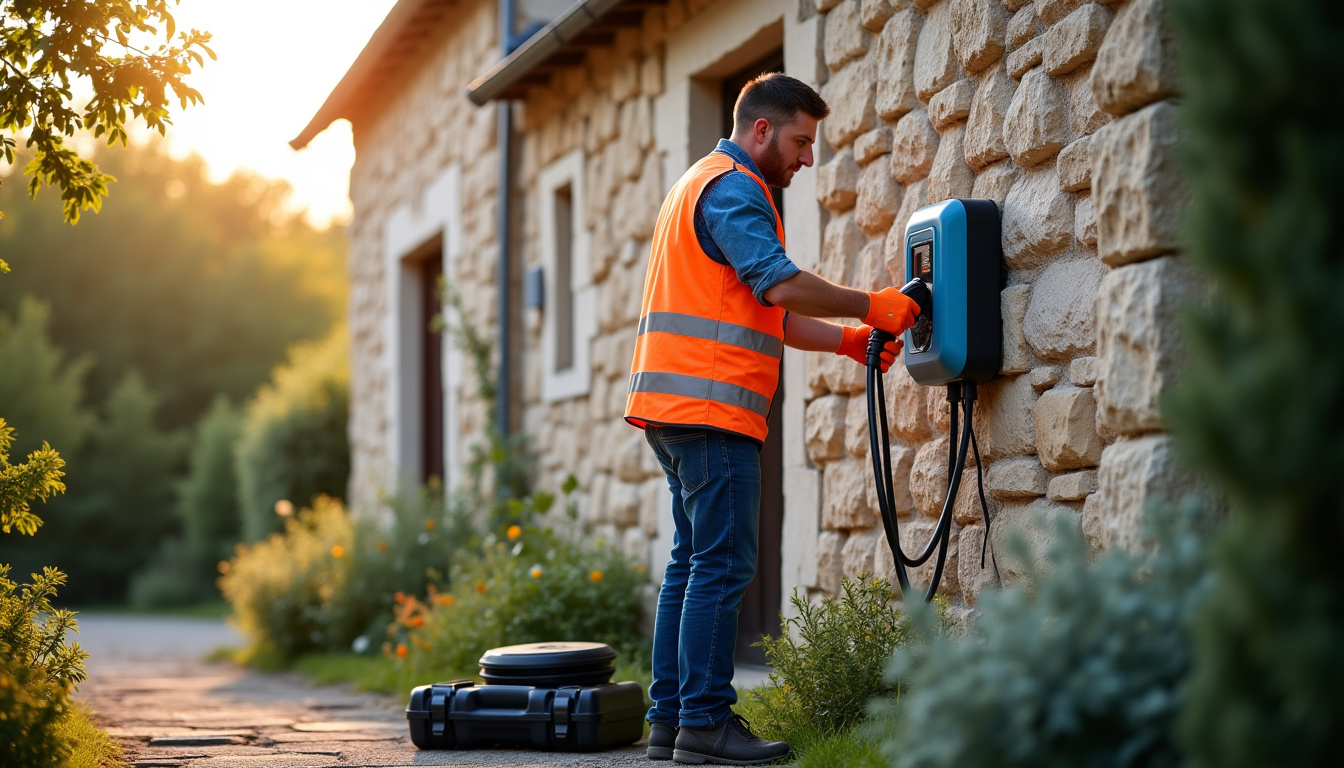 Technicien en train d’installer une borne électrique à Lantriac