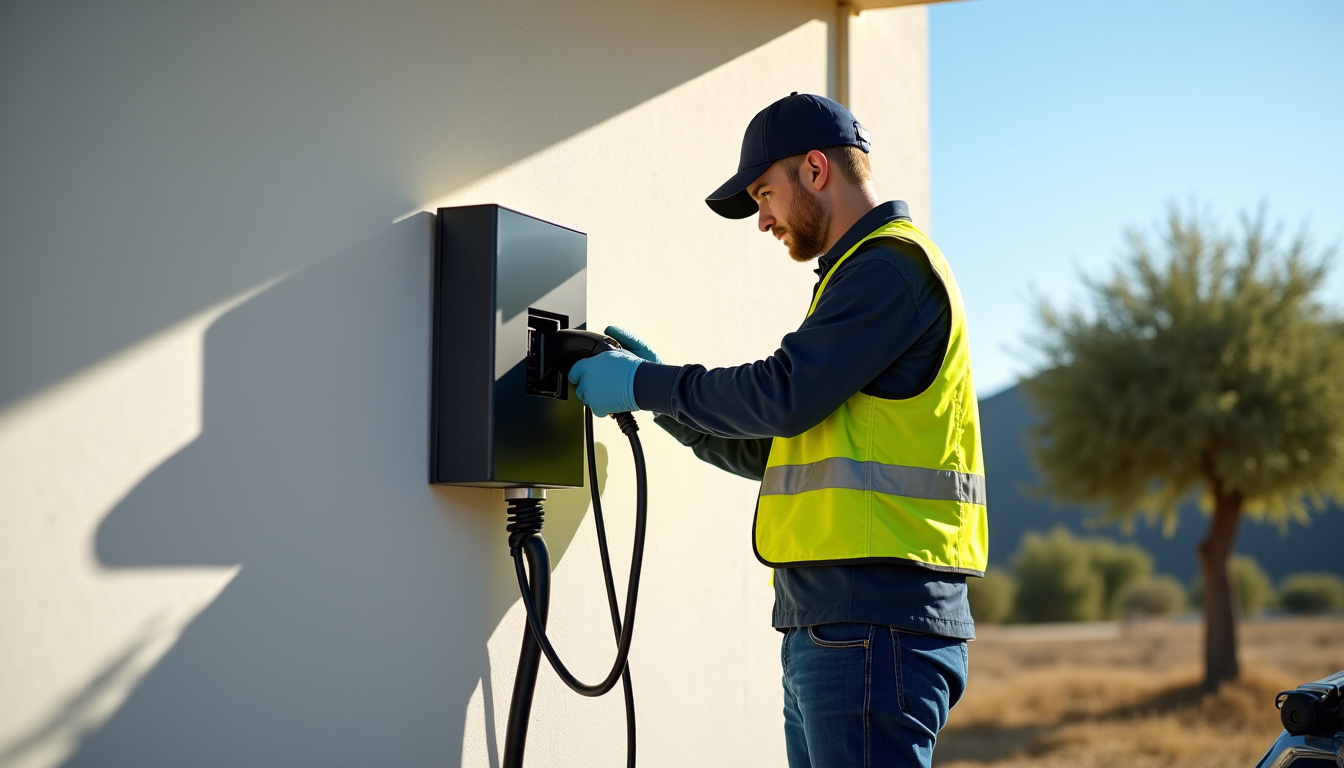 Technicien en train d’intervenir sur une installation de borne de recharge électrique à La Crau