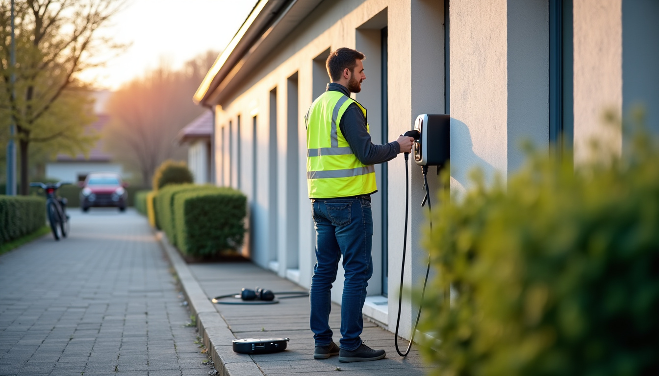 Technicien installant une borne de recharge électrique sur un mur extérieur