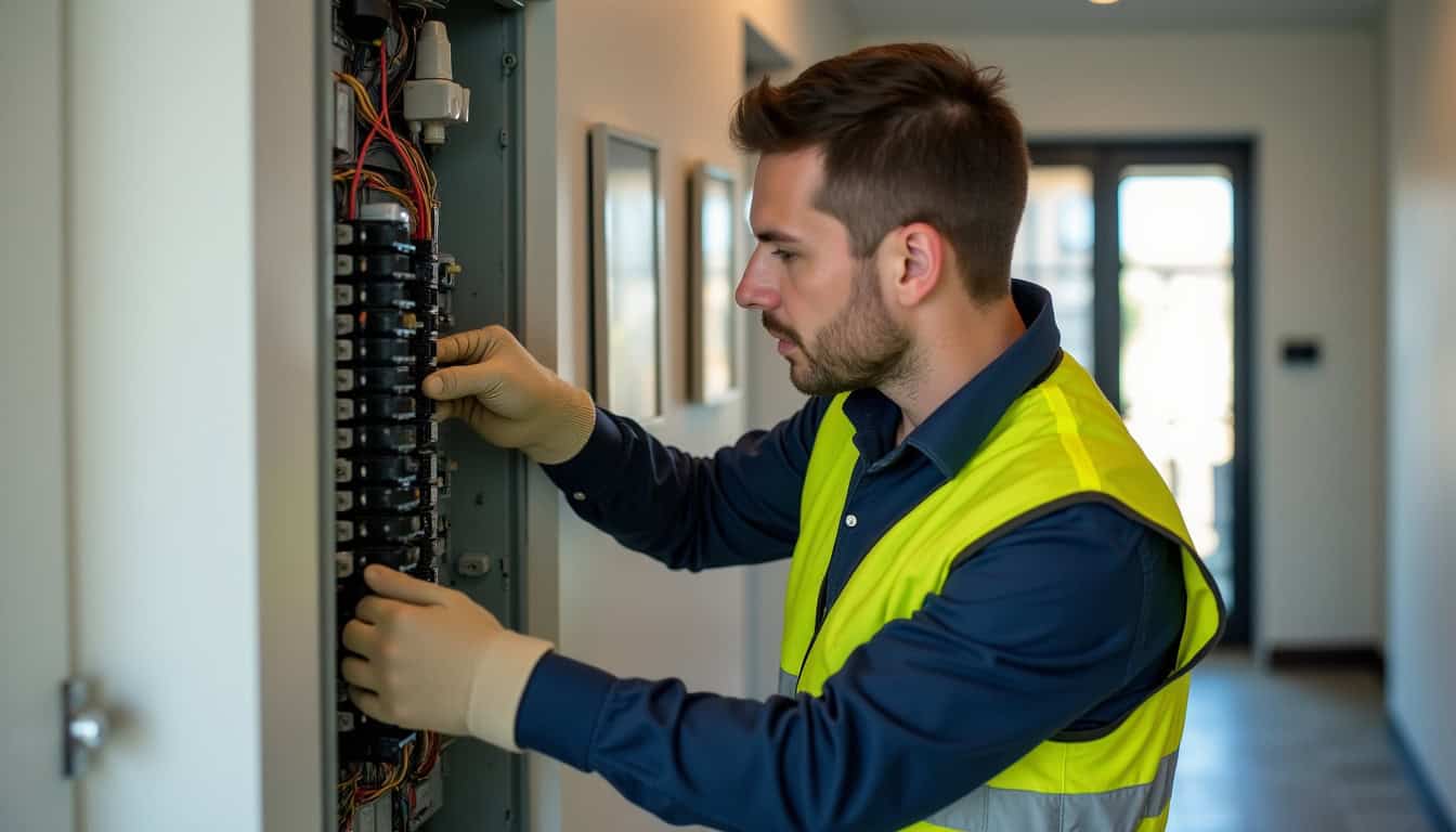 Technicien IRVE effectuant un diagnostic électrique sur un tableau dans une maison à Saint-Berain-sous-Sanvignes