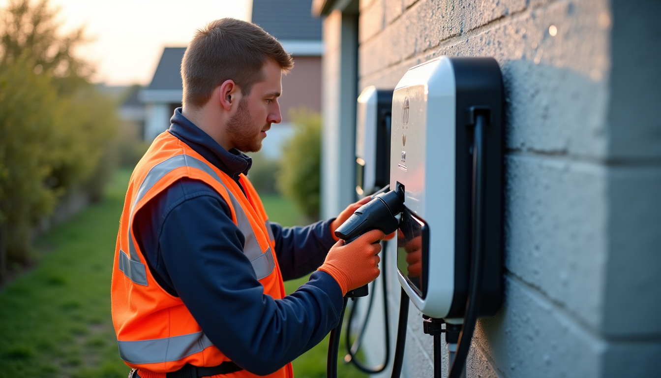 Technicien IRVE en train d’installer une borne de recharge électrique sur un mur extérieur à Verlinghem