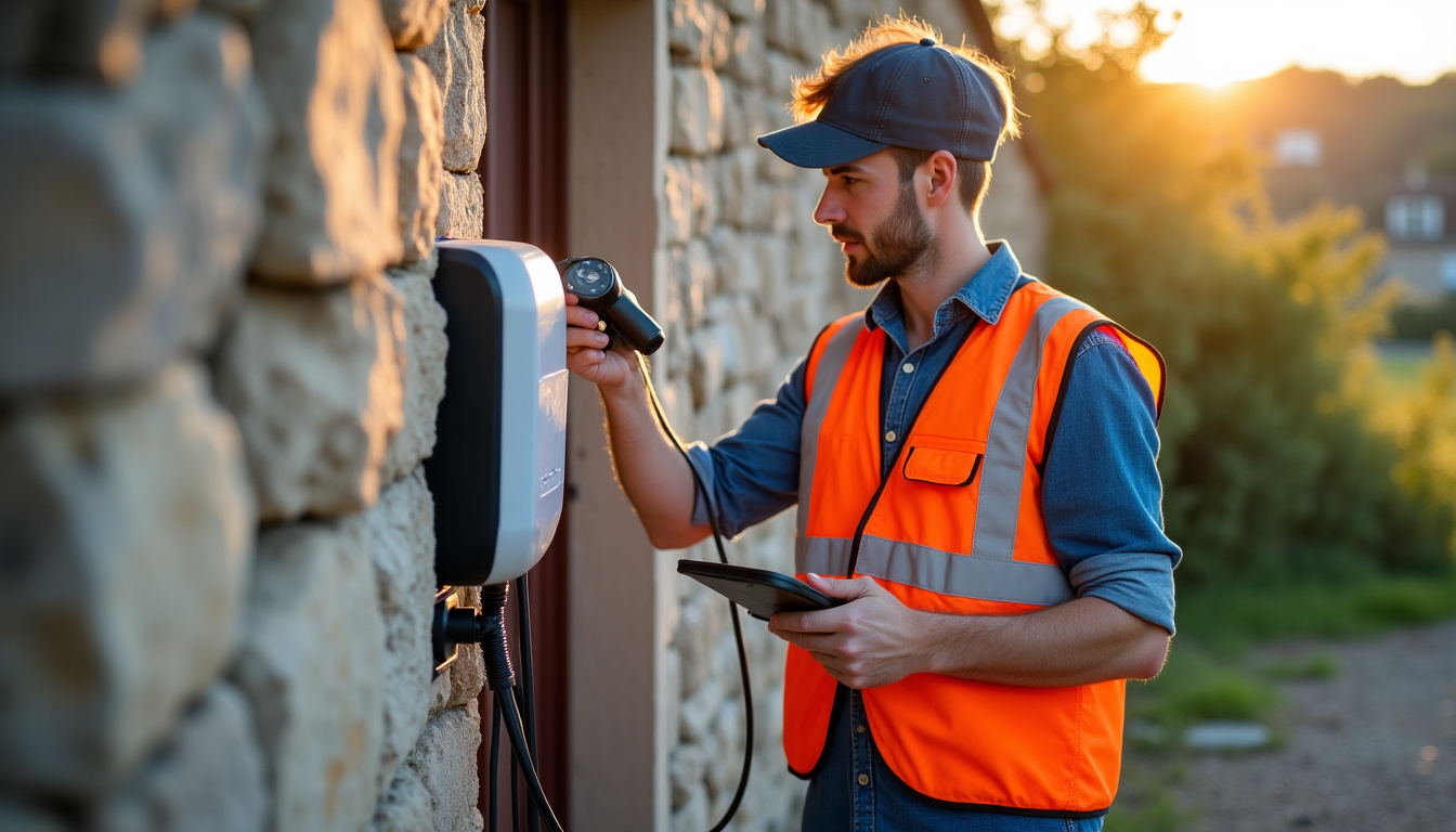 Technicien IRVE en train d’installer une borne électrique à Prigonrieux