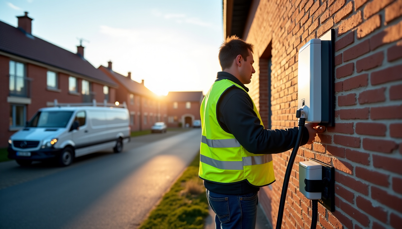 Technicien IRVE en train d’installer une borne électrique sur la façade d’une maison à Wissembourg