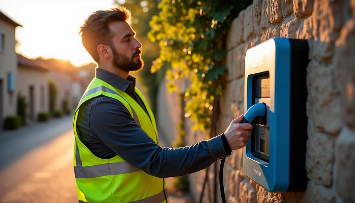 Technicien IRVE vérifiant une installation de borne électrique à Pugnac