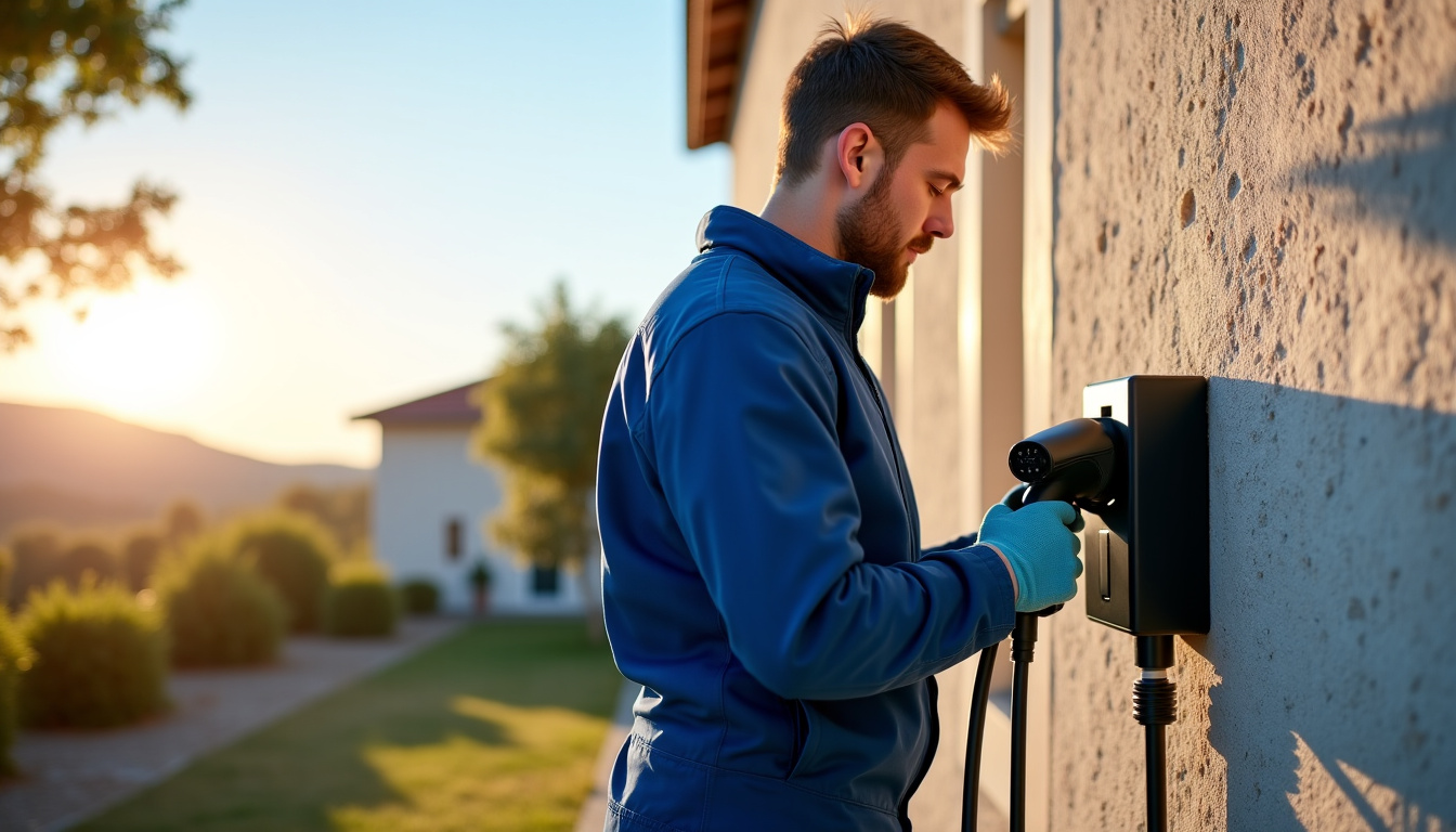 Technicien professionnel installant une borne de recharge murale sur un mur extérieur