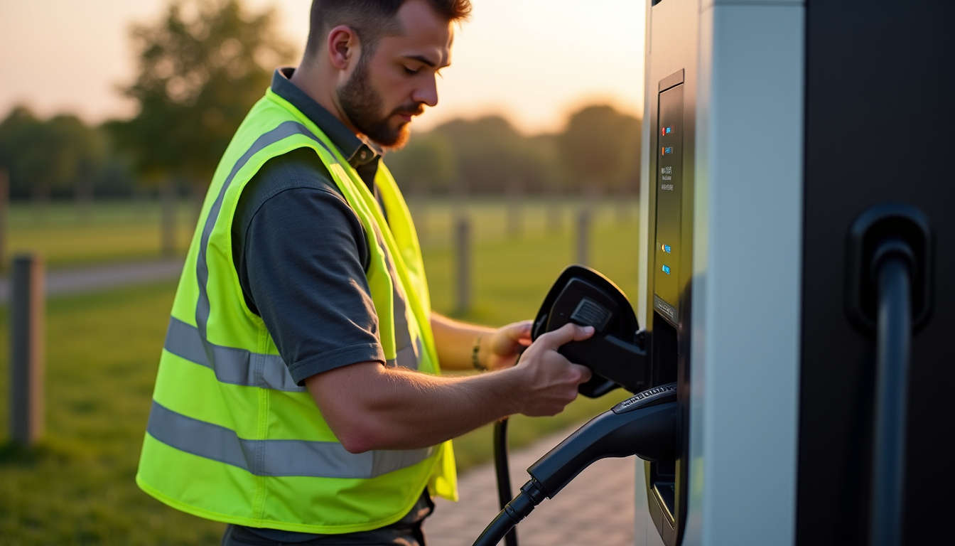 Technicien testant le bon fonctionnement d’une borne de recharge nouvellement installée à Saint-Mars-de-Coutais
