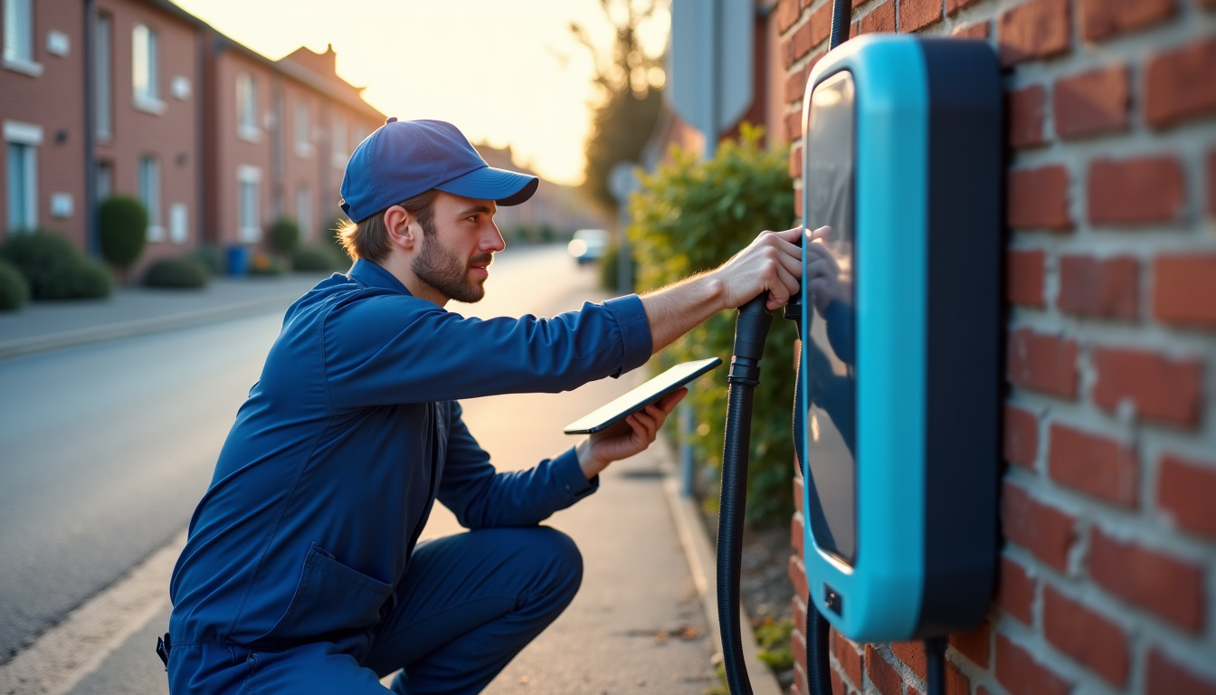 Technicien vérifiant et entretenant une borne de recharge électrique à Angervilliers