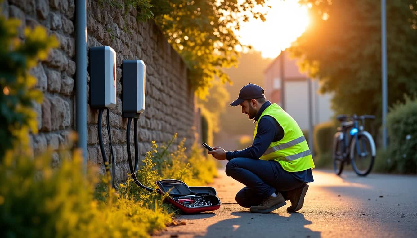 Technicien vérifiant une borne de recharge à Saint-Jean-d’Illac
