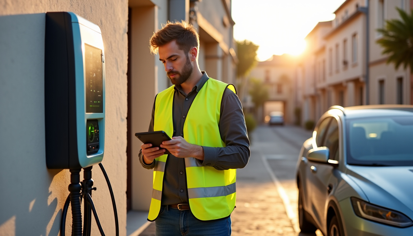 Technicien vérifiant une borne de recharge électrique à Salernes
